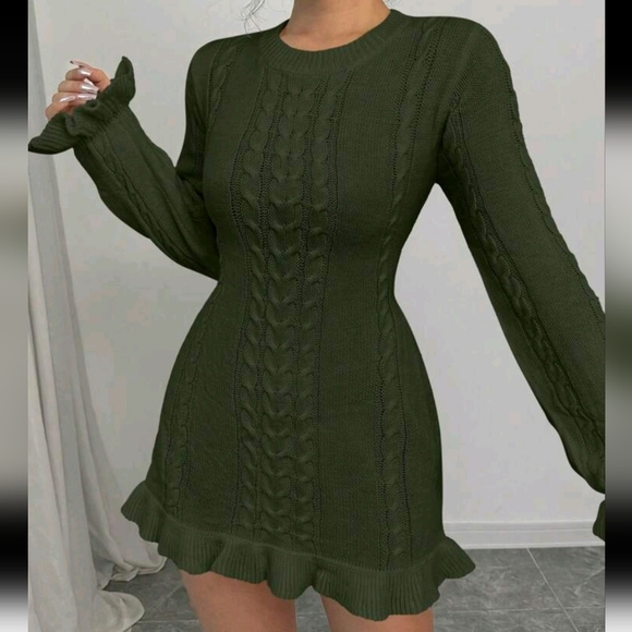 Women Casual Solid Color Flare Sleeve Ruffle Hem Cable Knit Sweater - Picture 1 of 6